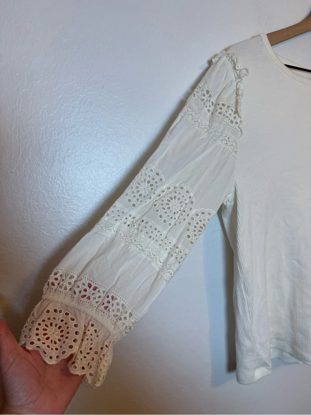 J. Crew Ruffle-trim eyelet top‎ in vintage rib